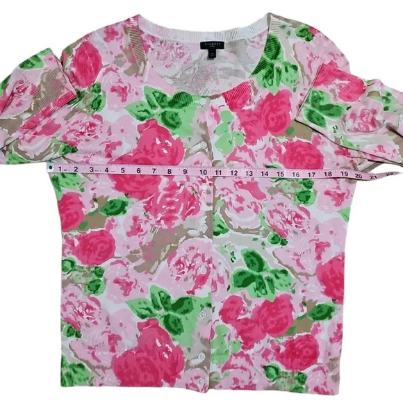 Talbots Women’s MP Cardigan Pink Green Floral Cotton Button Front Preppy Cottage - Picture 6 of 7